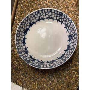 Antique Blue & White Spongeware Stoneware Salt Glazed 9” Milk Bowl Crock